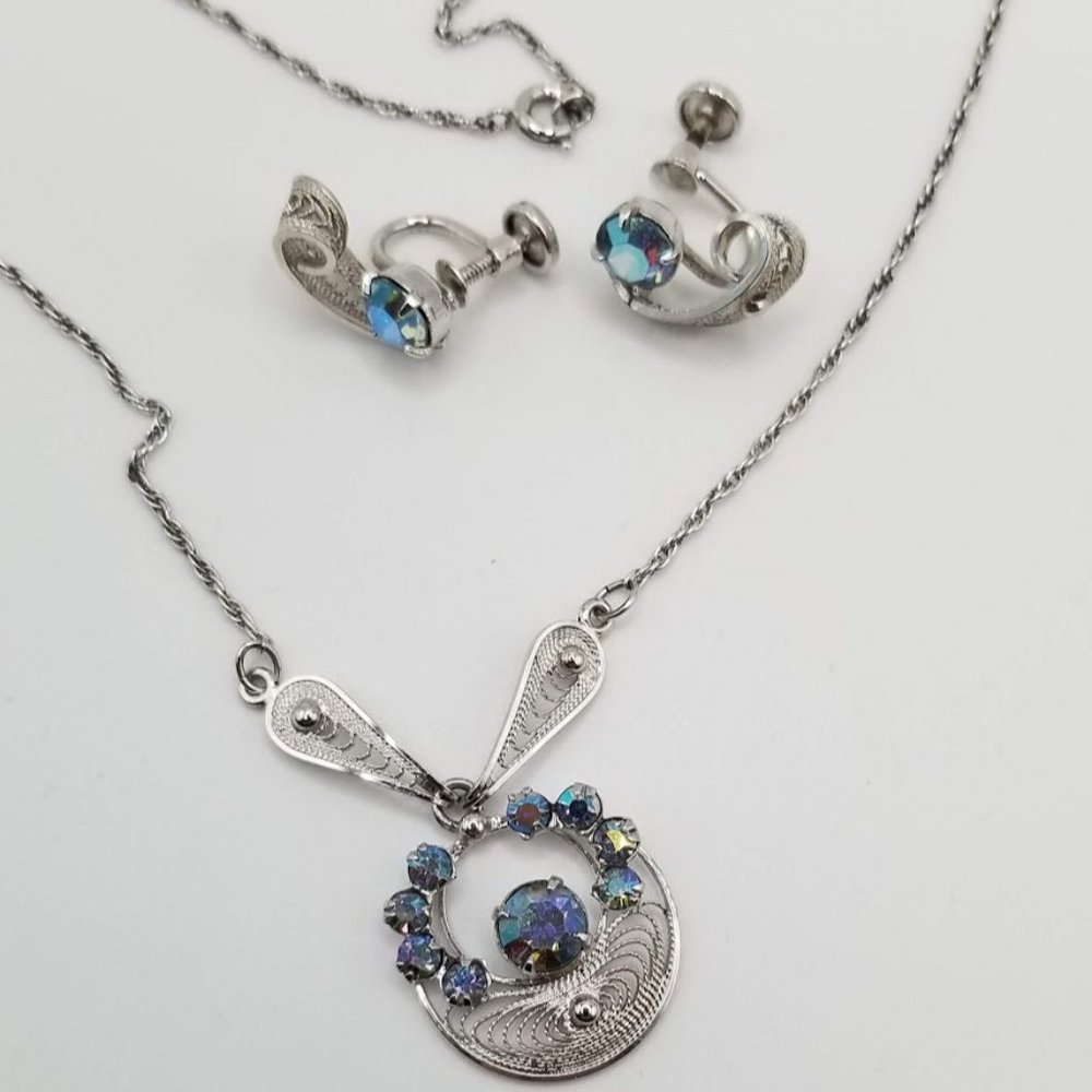 Dixelle Vintage Sterling Necklace & Screw-on Earring Set AB Rhinestone - Picture 12 of 13